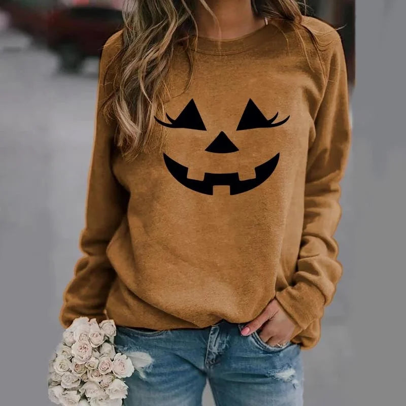 Pull à manches longues pour femme avec joli visage de citrouille - Nouveau pull tendance - Décontracté - Confortable - Sweat-shirt à capuche avec visage de citrouille