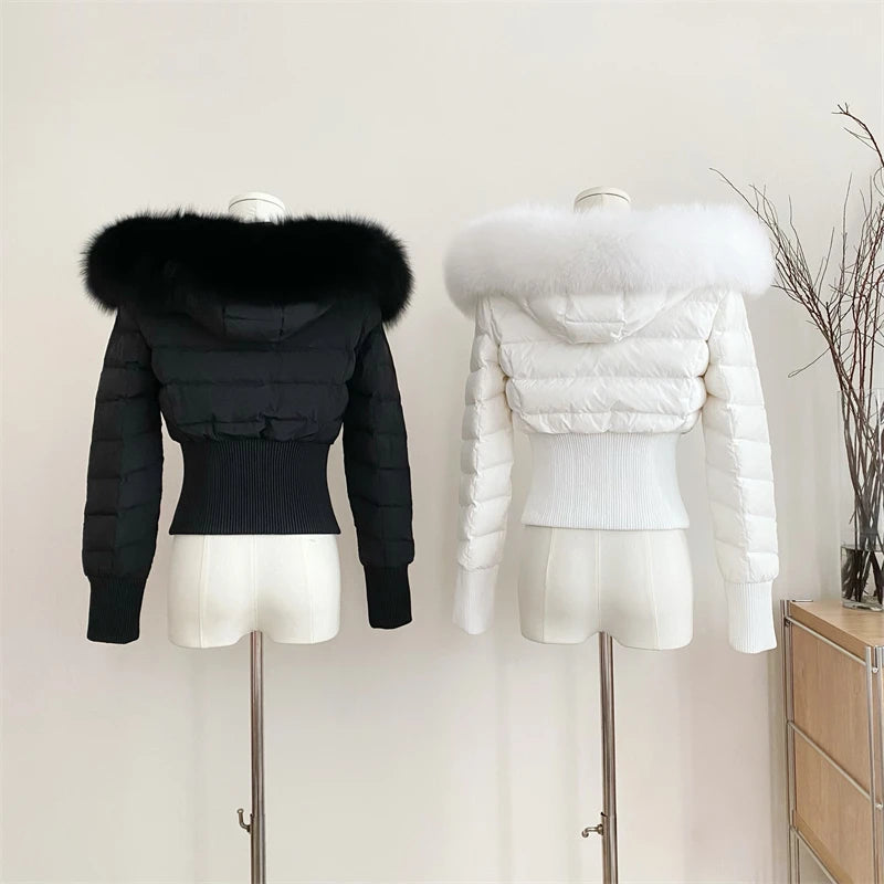 Veste courte d'hiver en vraie fourrure de renard pour femme, duvet d'oie blanche des années 2000, chaude, bouffante, pour l'extérieur, épaisse, courte,