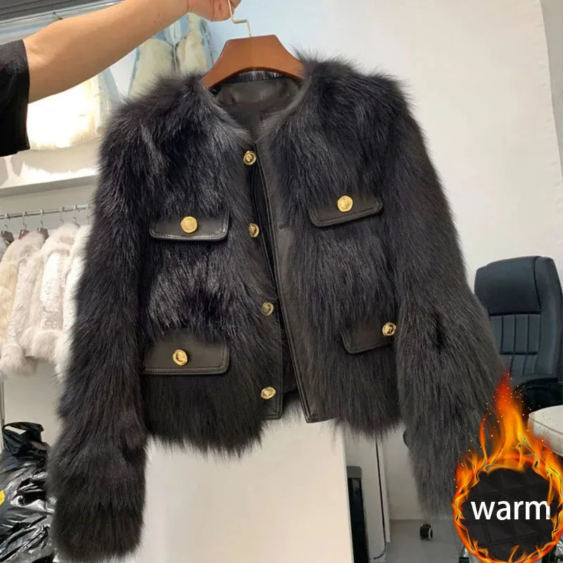 Women Elegant Cropped Faux Fur Coats Tops Winter Warm Thicken Cotton Padded Lined Jackets Korean Single Breasted Furry Abrigos