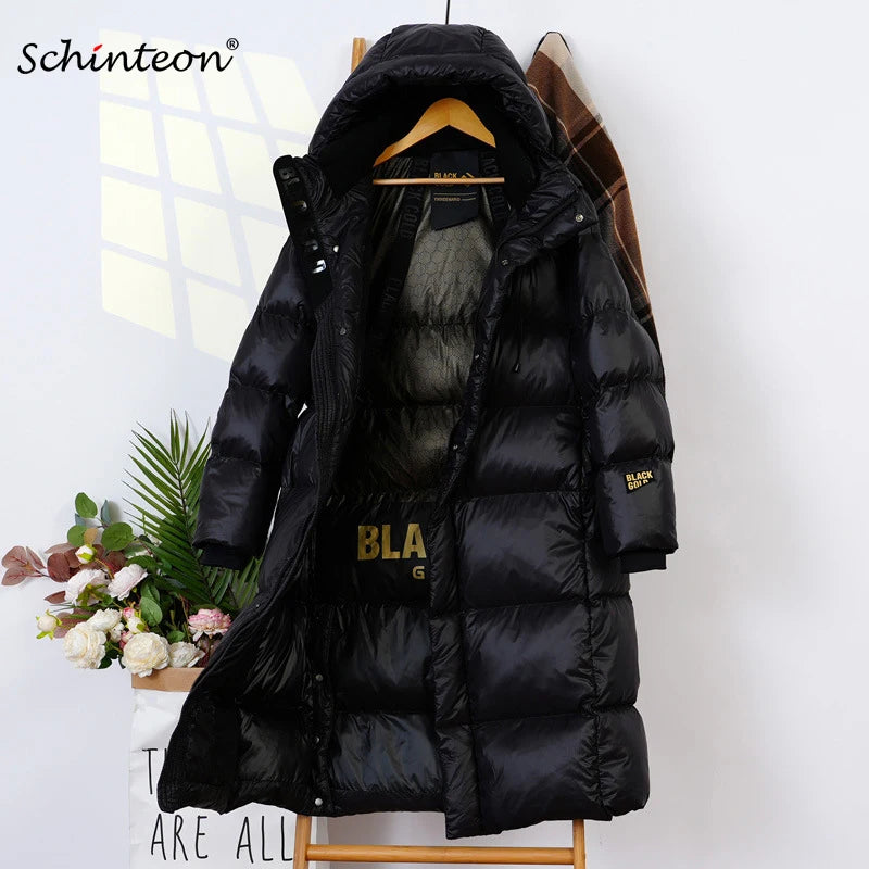 Schinteon Women White Duck Down Long Jacket with Hood Casual Over Size Autumn Winter Warm Loose Thick Windbreaker Outwear 2023