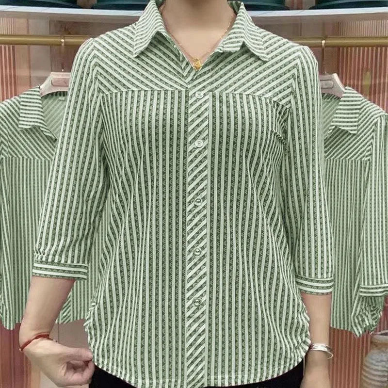 Fashion Loose All-match Striped Printed Shirt Summer Women's Clothing New 3/4 Sleeve Casual Turn-down Collar Buttons Blouses