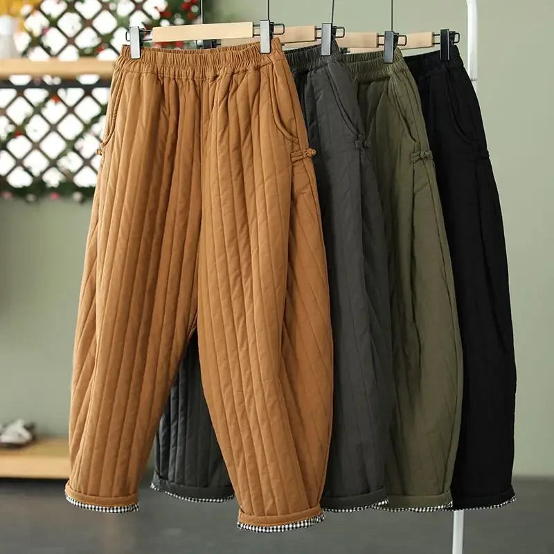 Pantalon d'hiver chaud en coton épais et rétro pour femme, taille élastique, ample et décontracté