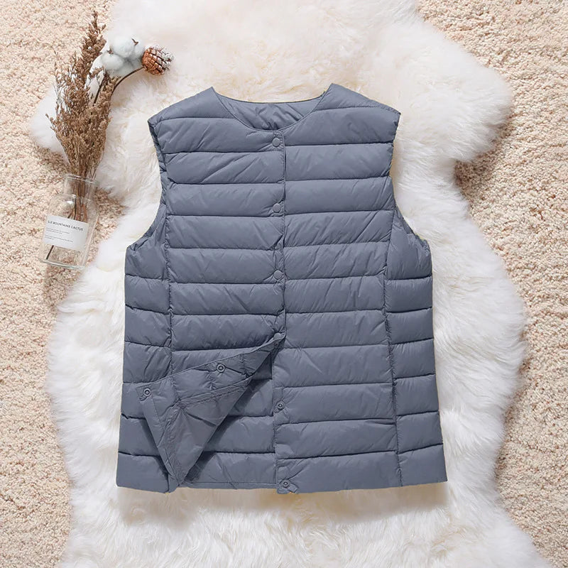 nouveautés femme bureau dame coréenne slim fit blanc canard vers le bas gilet chaud femmes sans manches vers le bas doublure gilet