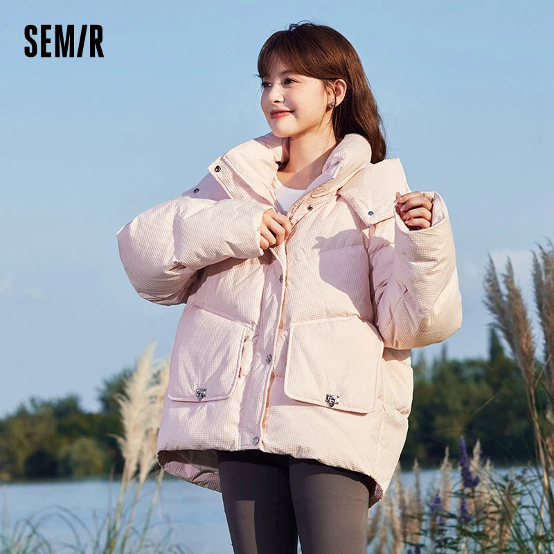 Semir Down Jacket Women Medium Long Plaid Loose 2023 New Winter Hooded Raglan Sleeve Textured Thick Jacket