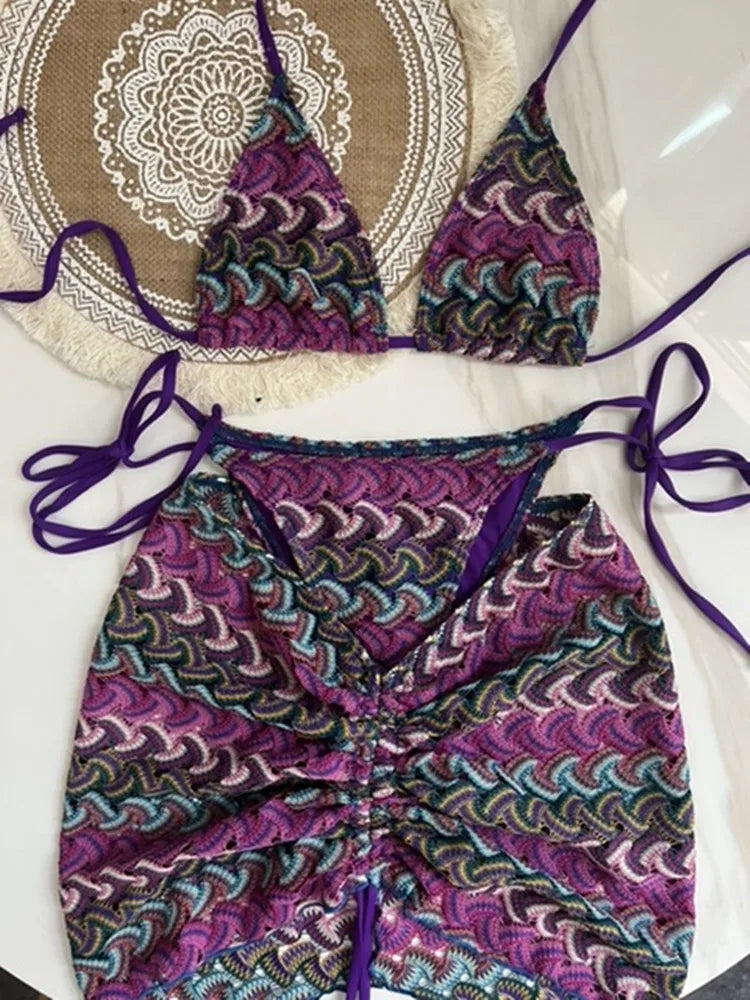 Maillot de bain pour femme, jupe de bikini tricotée à feuilles d'érable colorées, ensemble trois pièces, maillot de bain fendu, bikini