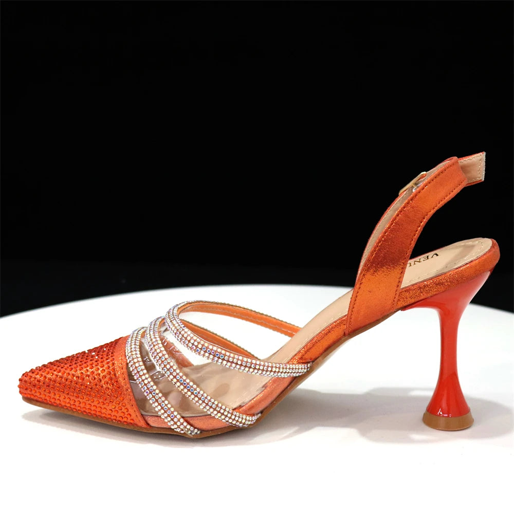 Venus Chan 2023 Newest INS Style Orange Color Elegant High Heels Nigeria Popular Design African Ladies Shoes And Bag Set