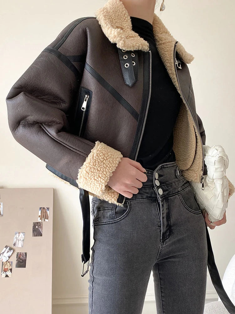 Ailegogo Automne Hiver Femmes Rétro Lâche Épais Chaud Fausse Fourrure D'agneau Manteau Streetwear Femme Épissée Fermeture Éclair Ceinture Veste Vêtements D'extérieur