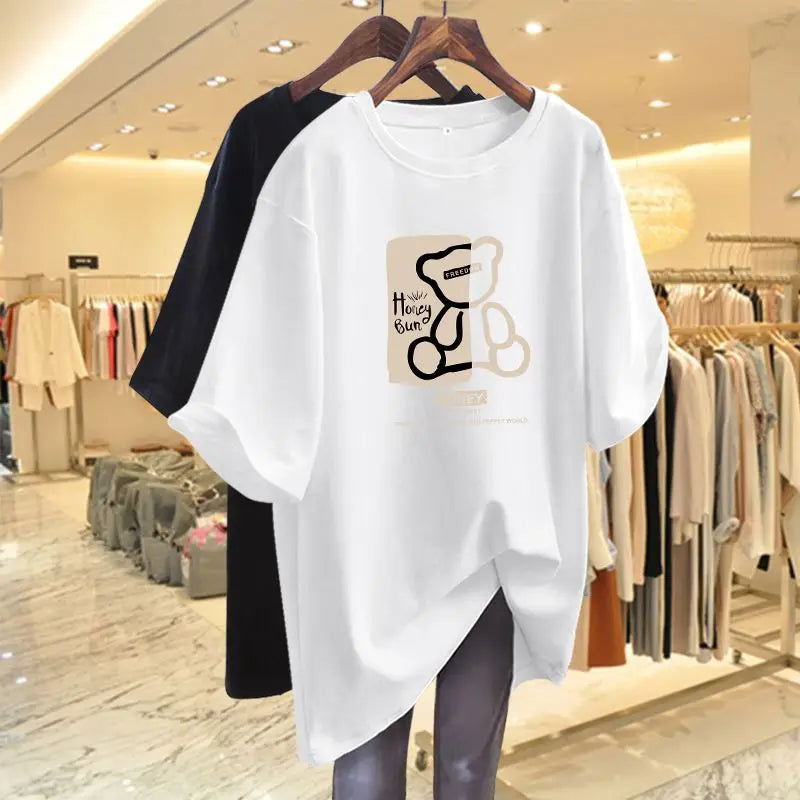 Women Clothing Cute Cartoon Printed Sweet Casual T-shirt Summer All Cotton Baisc Short Sleeve Loose O-neck Tops