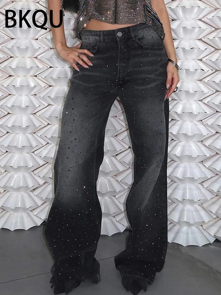 BKQU Low Waist Wide Leg Women's Jeans 2024 American Black Rhinestone Baggy Denim Long Pants Female Oversized BF Style Trousers