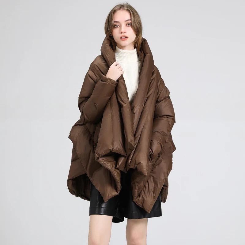 Nouvelle veste châle irrégulière d'hiver manteau en duvet de canard blanc pardessus femme veste parka bouffante à capuche ample épaisse de longueur moyenne