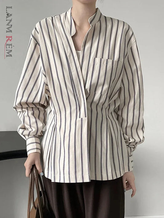 [LANMREM] Vintage Striped Gathered Waist Shirts For Women V Neck Long Sleeve Irregular Blouses Female 2025 Summer New 26D8865