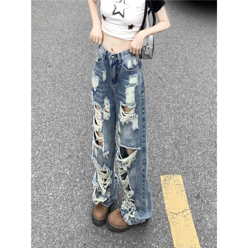 Fashionable Women's Ripped Jeans, High Waist Slimming Wide Leg Denim Pants Female Casual Straight Shredded Jeans for Women 4XL