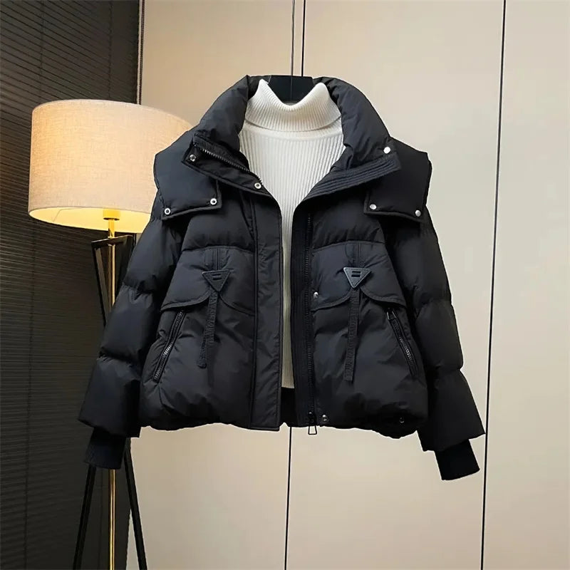 Veste courte à capuche en coton rembourré de couleur unie pour femme, manteau chaud pour femme, nouvelle collection hiver 2025, vêtements amples, tendance