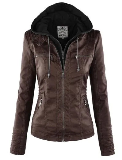 Faux Leather Jacket Women 2022 Khaki Winter Motorcycle Jacket Gothic Hoodies Outerwear Faux Leather PU Basic Jacket Coat