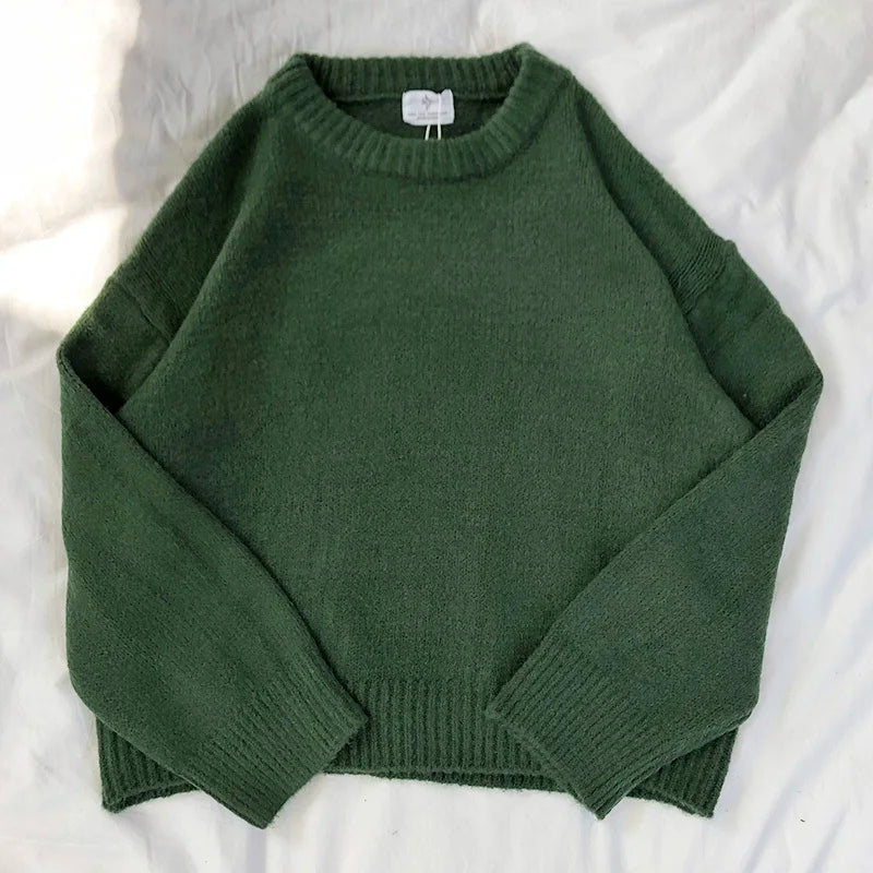 Pull oversize en mohair vert à col ras du cou épais vintage Y2K duveteux chaud mignon pulls automne hiver pull