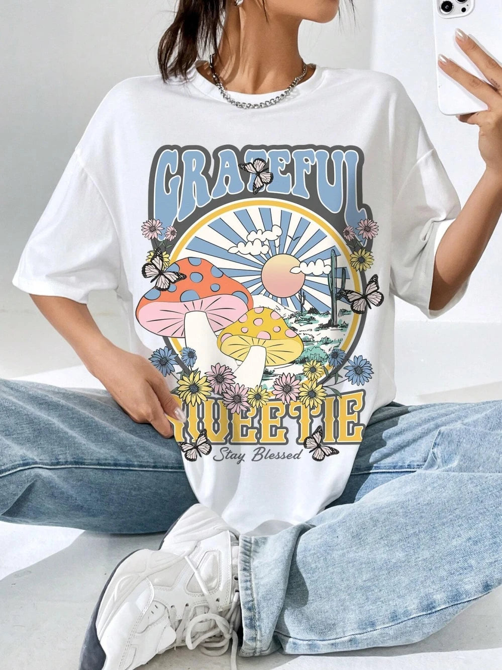 Grateful Sweetie Stay Blessed Printing Women T-Shirt Loose Casual Tshirt Street Hip Hop Clothes Cotton Oversized Short Sleeve