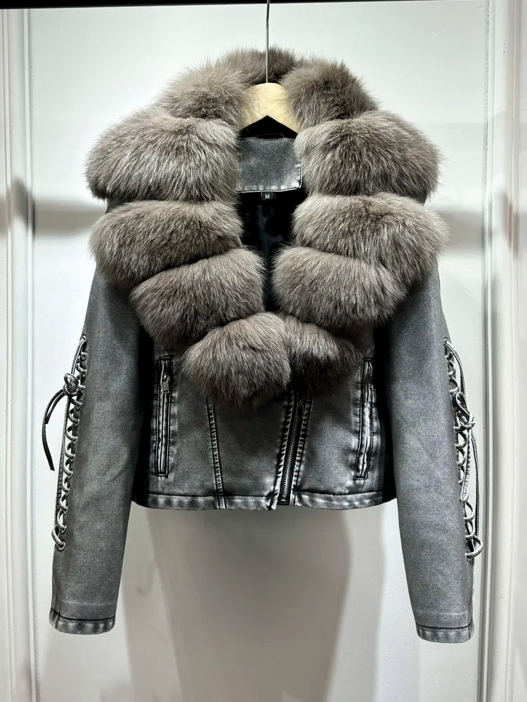 Janveny Super Big Natural Fox Fur 2024 Nouvelle Automne Hiver Femmes Faux PU Veste En Cuir Décontracté Dame Revers Fermeture Éclair Moto Manteau