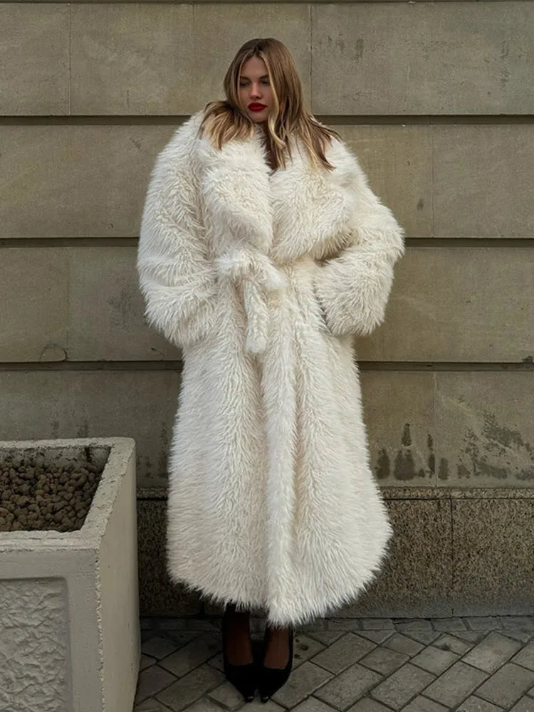 Long Snow Fox Fur Coat White Extended Waist Cinched Lace Up Women Plush Overcoat Suit Collar Loose Thick Warm Outwear Top Winter