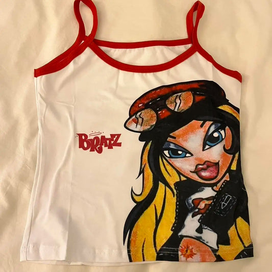 Y2K Clothes BRATZ Cartoon print Slim Short Top Sexy corset Goth Vintage Street White Baby Tee Grunge Slim Crop Top Summer emo