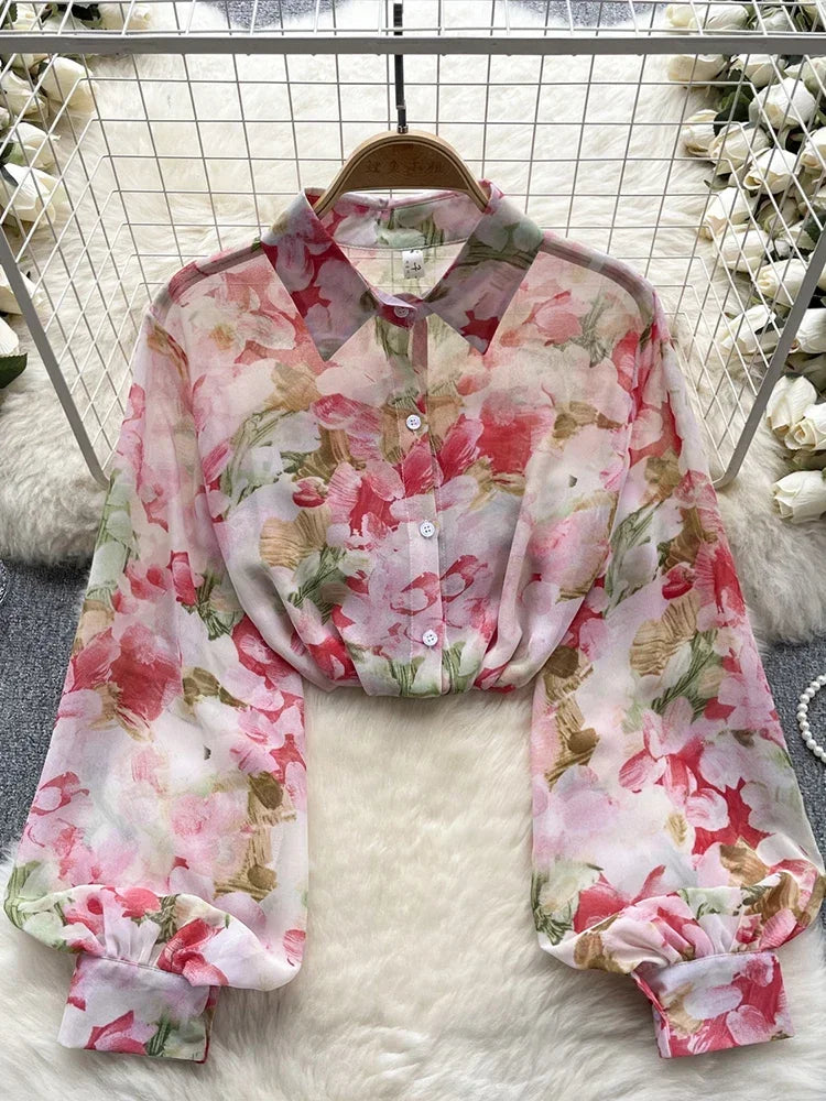 Spring Autumn Temperament Fashion Retro Chiffon Floral Blouses Print Loose Lapel Puff Sleeve Top Button Up Shirt Female GD611