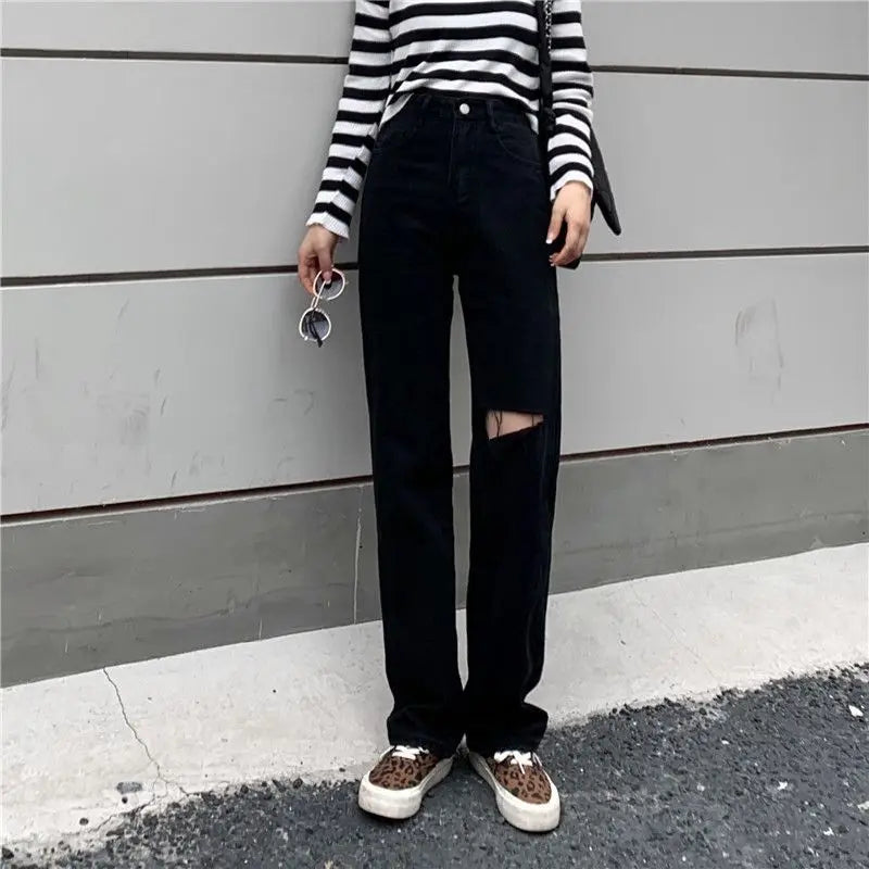 Fashionable Women's Ripped Jeans, High Waist Slimming Wide Leg Denim Pants Female Casual Straight Shredded Jeans for Women 4XL