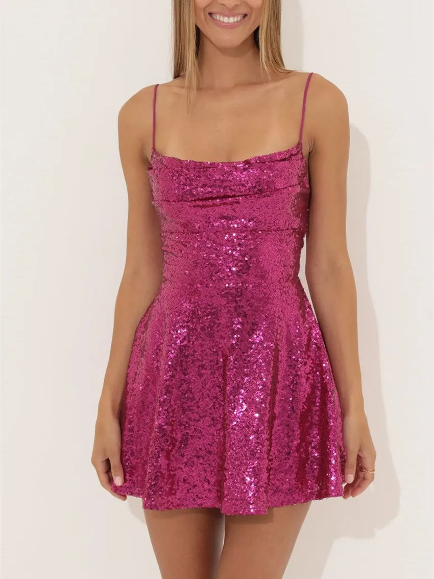 Fashion Women Sparkle Sequin Mini Dress Y2k Spaghetti Strap Backless Glitter A-Line Dresses Low Cut Bodycon Disco Dress