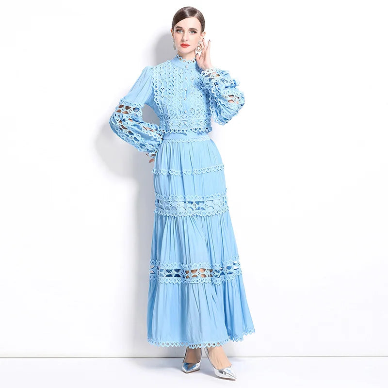 Elegant Long Maxi Dress 2 Piece Sets Women 2025 Spring Summer Holiday Embroidery Pearls Hollow Out Party Crop Tops Skirts Suits