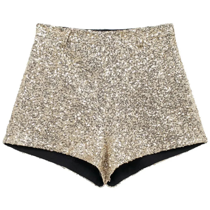 TRAF 2025 Mini Sequin Shorts Woman Shiny Sexy High Waist Short Women's Shorts Glitter Gold Pink Shorts Elegant High Street Short