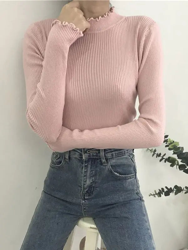 Turtleneck Ruched Women Sweater High Elastic Solid 2024 Fall Winter Fashion Sweater Women Slim Sexy Knitted Pullovers Pink White