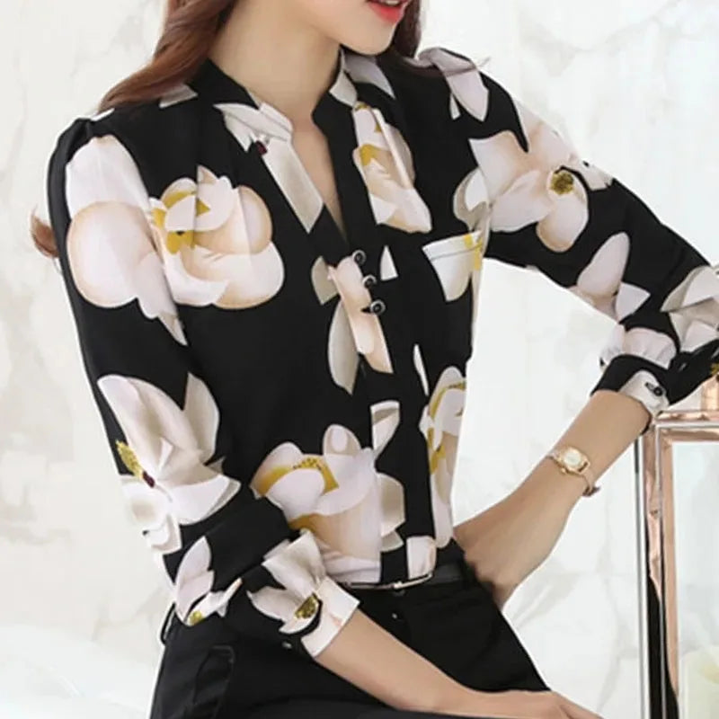 Women's Long Sleeve Chiffon Blouse, V-Neck Tops, Slim Fit Shirt, Office Lady Fashion Print Clothing, Spring, 2024 New, 882G