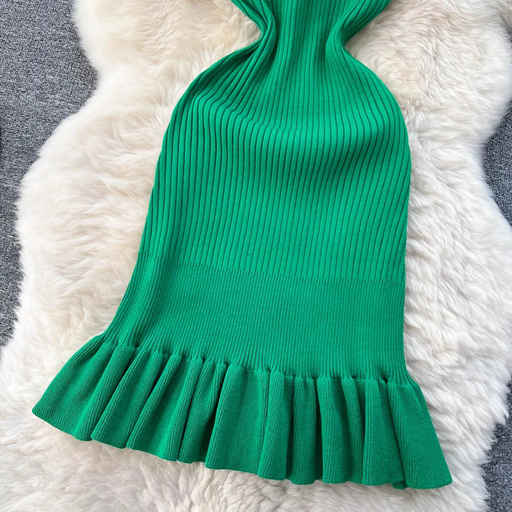 YuooMuoo Early Autumn Sexy Package Hips Ruffles Mini Dress Summer Fashion Y2K Knitted Bodycon Ladies Dress Korean Party Vestidos