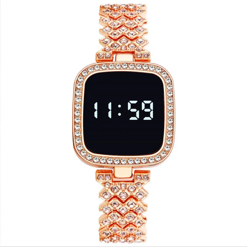 Luxury Rhinestone Digital Watches for Women Simple Touch Screen LED Watch Fashion Steel Strap Rose Gold Ladies Watch Reloj Mujer