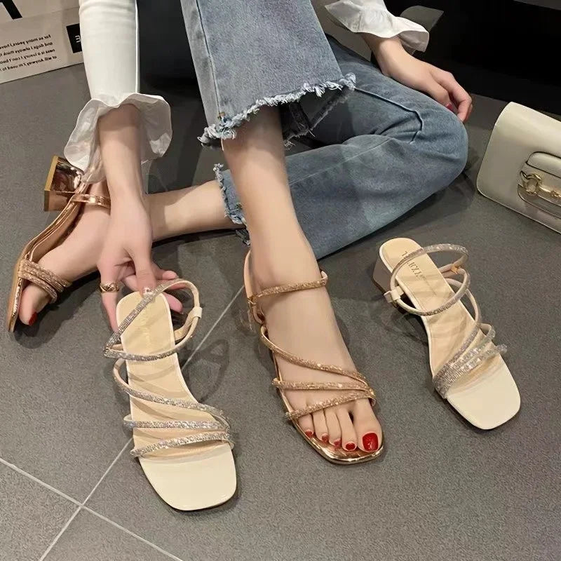 Women's Sandals 2024Summer New Elegant Dress High Heels Outdoor Fashion Rhinestone Open Toe Casual  Large Women's Shoes