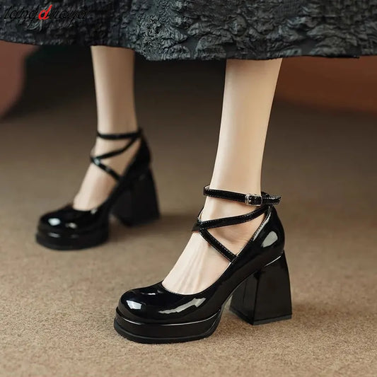 Women's summer Footwear on Heeled Shoes Woman New Elegant Vintage Lolita Mary Jane shoes Black Round Toe High Heels party shoes