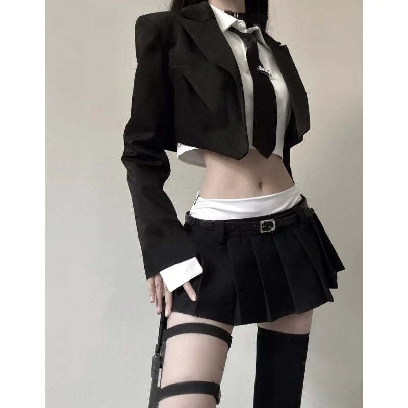 2023 Vintage 3 Piece Set Skirt Woman Black Short Blazers + Casual Shirt + Slim Mini Skirt Party Korean Fashion Suit Female Chic