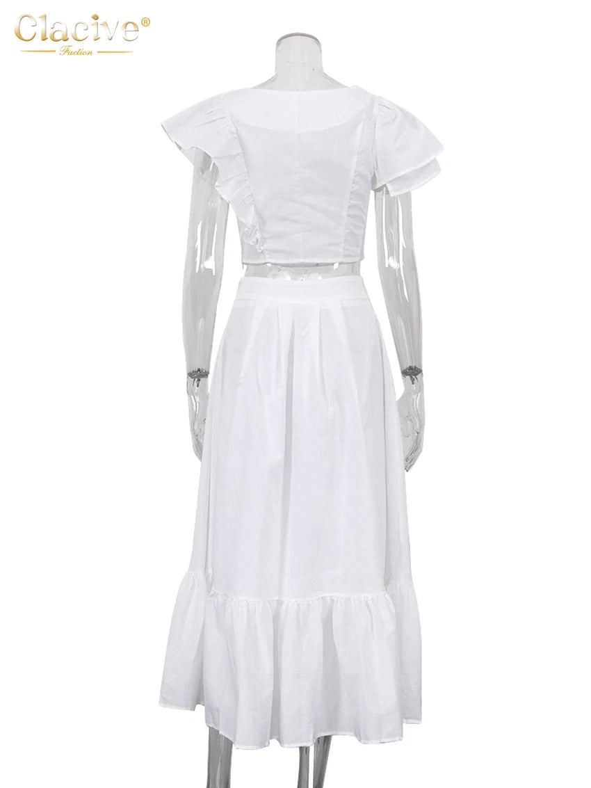 Clacive Summer White Linen 2 Piece Sets Femmes Mode Haut Court À Volants À Manches Courtes Avec Ensemble Jupes Longues Taille Haute