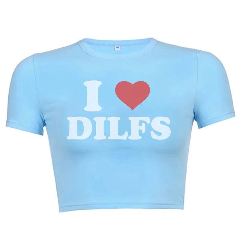 T-shirt imprimé I Love Dilfs pour femme, haut court d'été Harajuku, vêtements de fête sexy, col rond, nombril court, en coton, à la mode