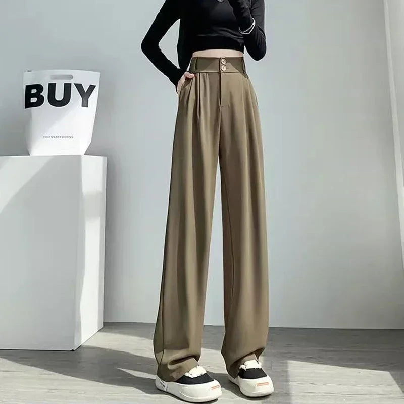 Women Fashion Suit Pants Lady Wide Straight Leg Classic Trousers Female Korean Mesh Linen Pants Stretch High Waist Basic Slacks