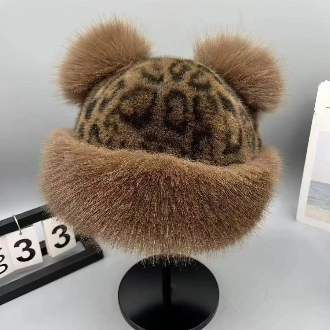 Retro Leopard Print Cute Pom-pom Ears Bucket Hats for Men and Women Winter Russian Thickened Warm Ear Protector Basin Cap