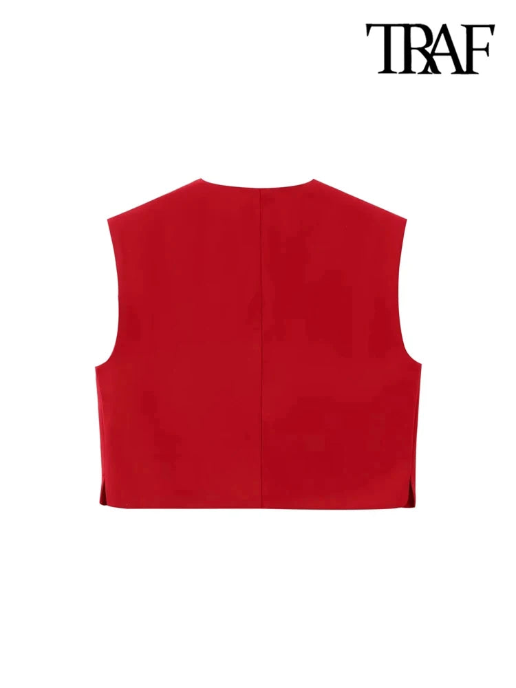 TRAF-Front Button Cropped Waistcoat for Women, O Neck, Sleeveless, Female Outerwear, Chic Tops, Fashion