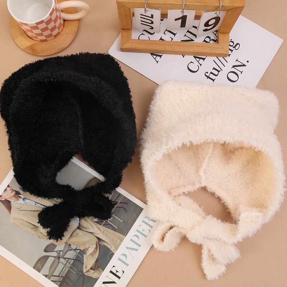 Winter Plush Beanies Cute Bear Ear Wool Hat Warm Lace-up Ear Protection Knitted Bomber Cap Bonnets Knitting Korea Women Gorros