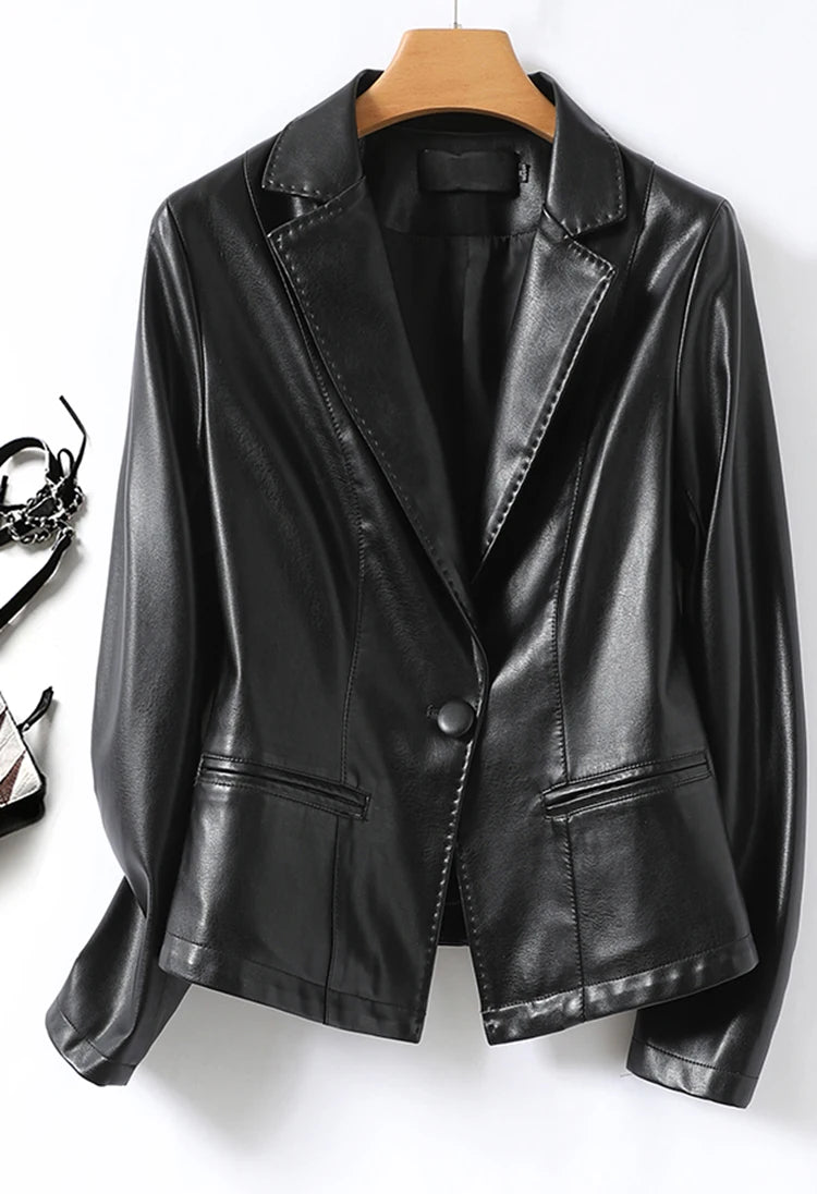 Women Casual Office Blazer Faux Leather Suit Jacket Spring Autum PU Sheepskin Coat Female Slim Single Buckle Lady Outerwear