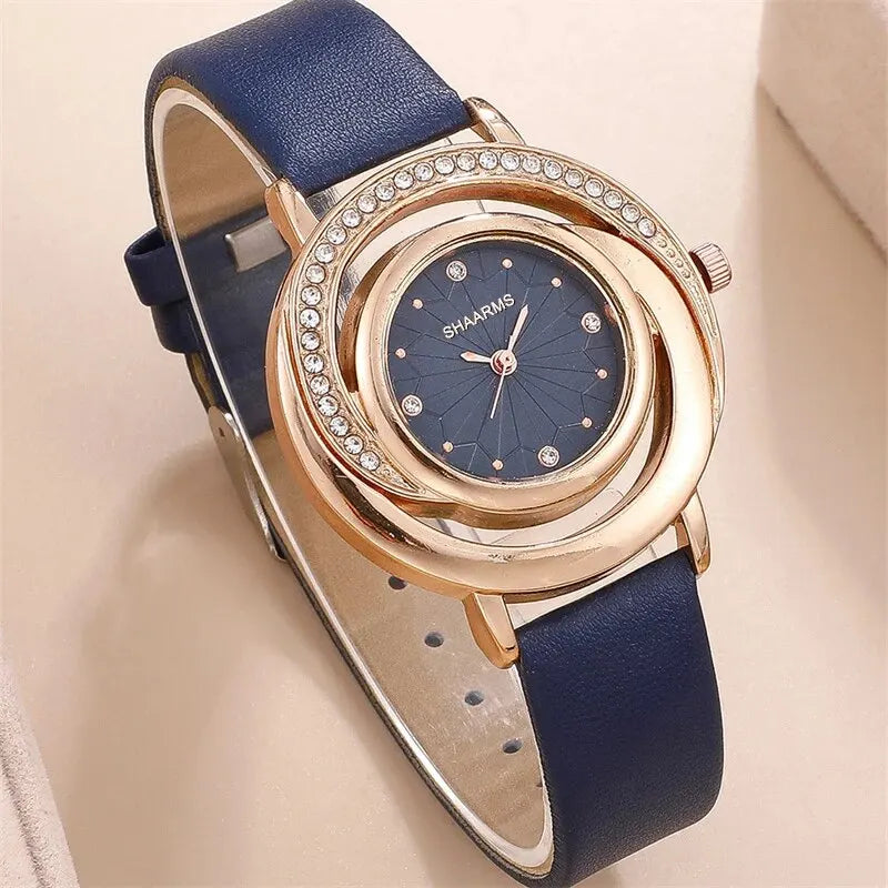 Ensemble de 5 montres de luxe pour femmes, bague, collier, boucles d'oreilles, strass, mode, montre-bracelet décontractée pour dames