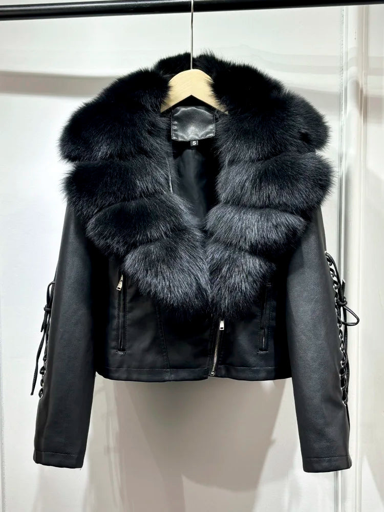 Janveny Super Big Natural Fox Fur 2024 Nouvelle Automne Hiver Femmes Faux PU Veste En Cuir Décontracté Dame Revers Fermeture Éclair Moto Manteau