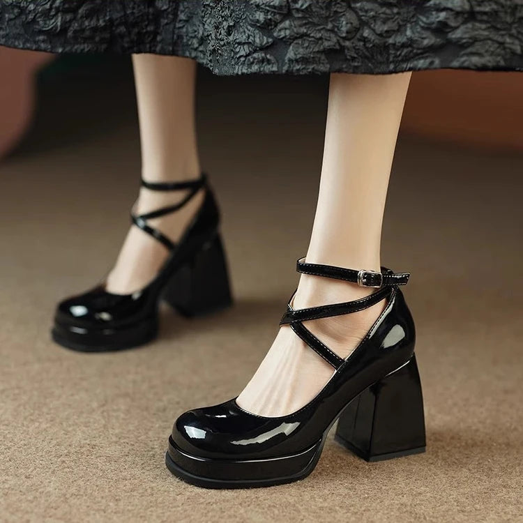 Women's summer Footwear on Heeled Shoes Woman New Elegant Vintage Lolita Mary Jane shoes Black Round Toe High Heels party shoes