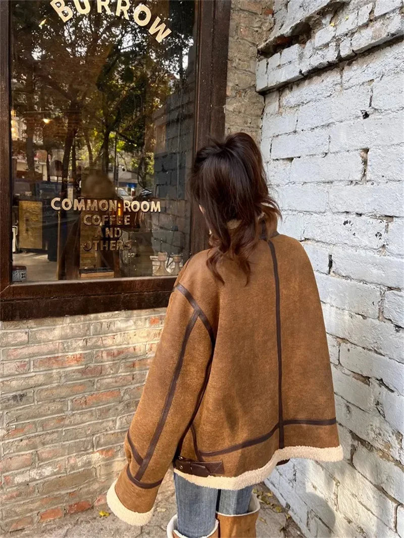 Leather Fur Integrated Lamb Fur Jacket Women's Autumn Winter Suede Deer Suede Lamb Fur Motorcycle Jacket, High-end Feeling Coat