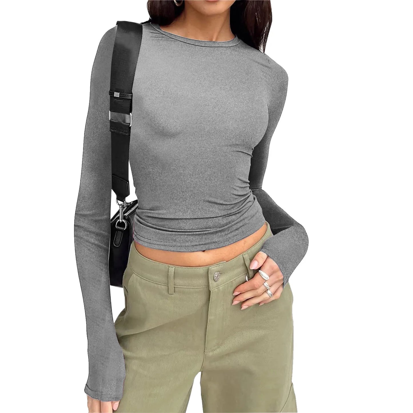 Long Sleeve T Shirt Women’s Slim Tops Long Sleeve Round Neck Crop Top Tee Shirt Basic Solid Tight Slim Big Long Sleeve Shirts