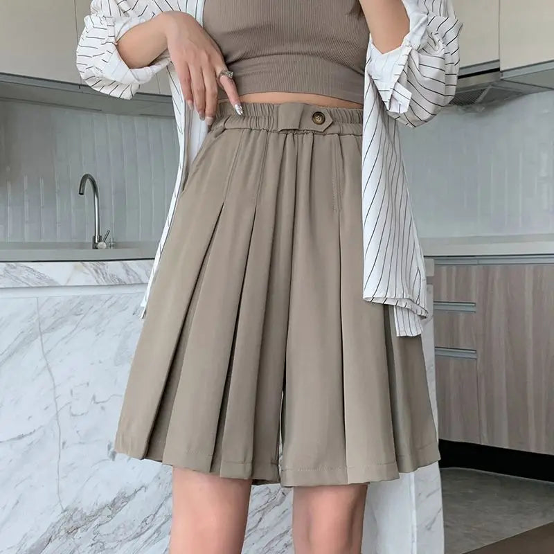 Pleated Shorts Women Baggy Summer Casual Fashion Korean Style Elegant Office Lady All-match Elastic Waist Vintage Ins Streetwear