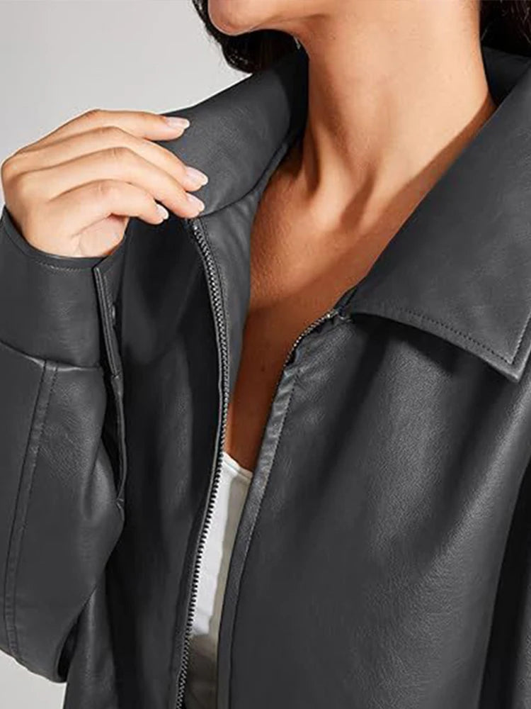 Women Pu Leather Jacket Moto Biker Zipper Coats Female 2024 New Autumn Winter Vintage Women Jackets Streetwear Loose Solid Coat