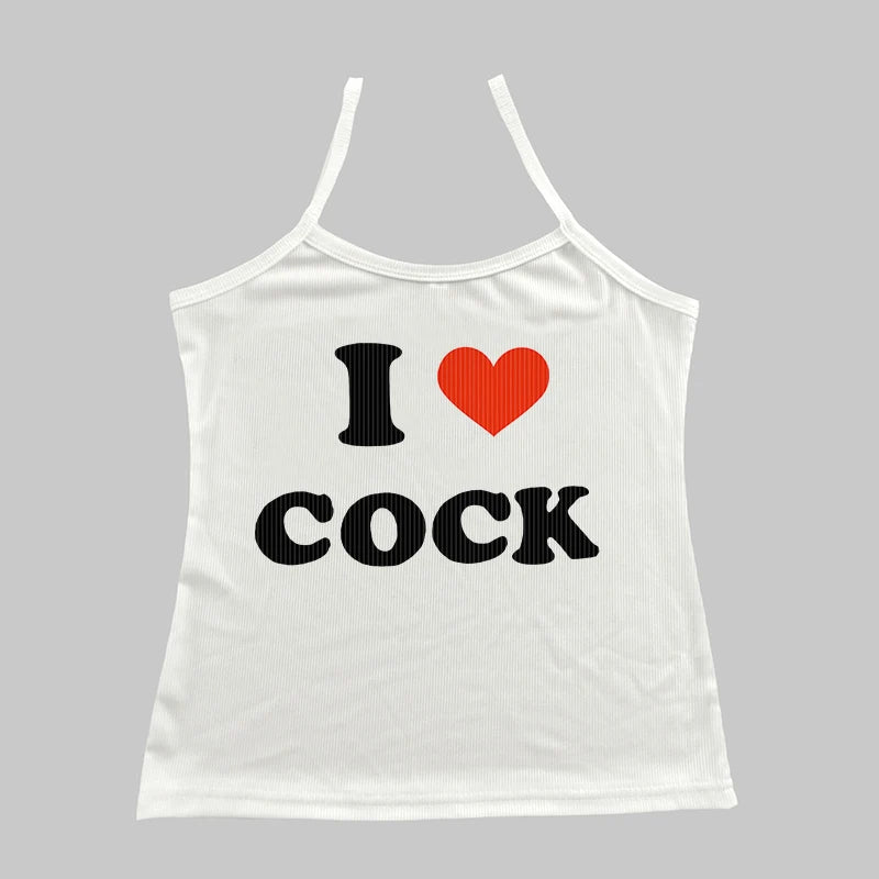 I Love Cock Letter Print Graphic Y2k Streetwear Sexy Slim White Crop Tops 2000s Style Tank Tops Sleeveless Summer Backless Camis